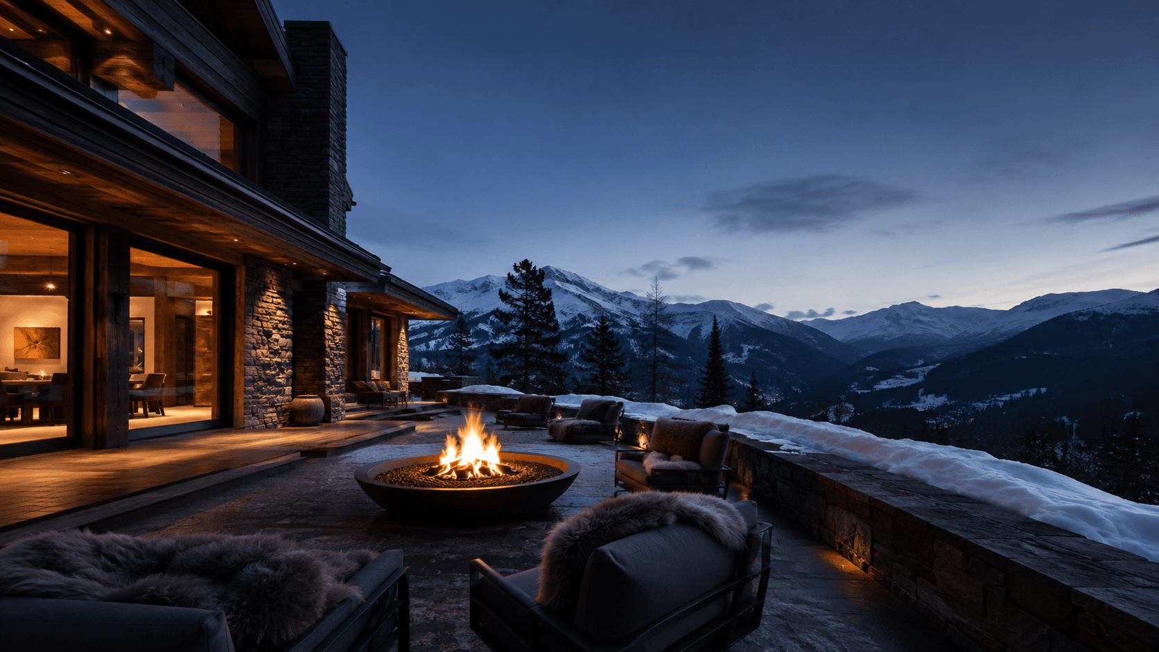 Терраса Valley Villa с огнём на фоне гор