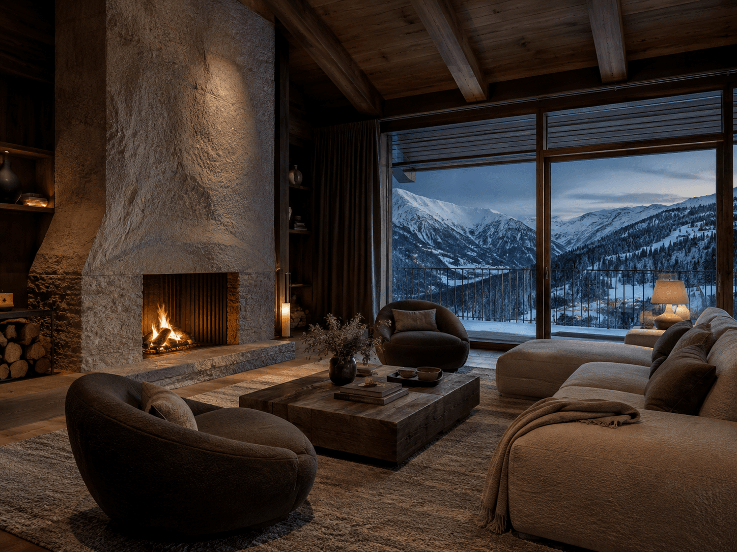 Гостиная Pine Chalet с камином и горным видом